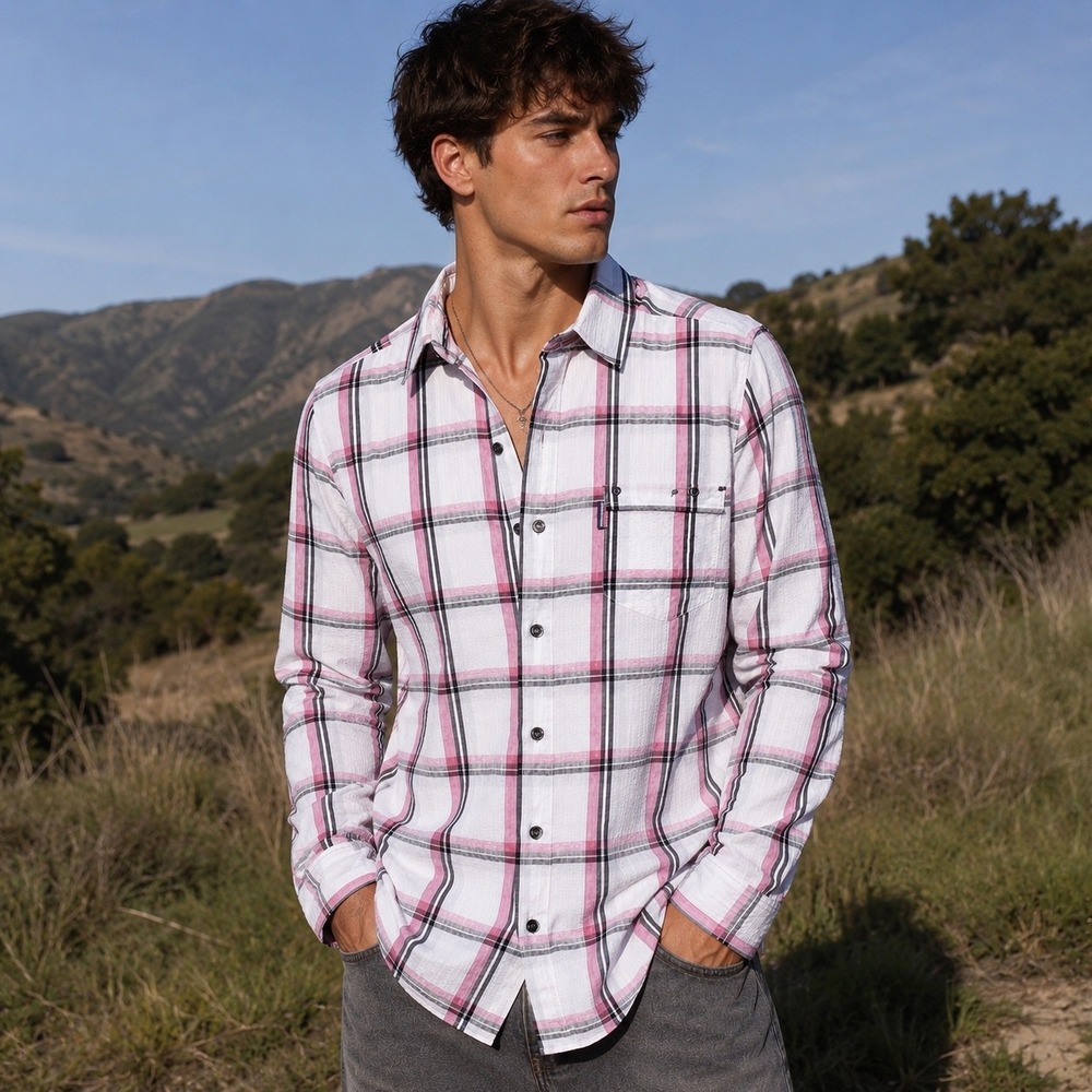 Columbia PFG‎ Mens XL Plaid Seersucker Fishing Shirt Pink White Long Sleeve Butt